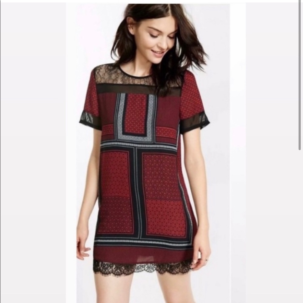 Express Red and Black Lace Shift Dress - XS